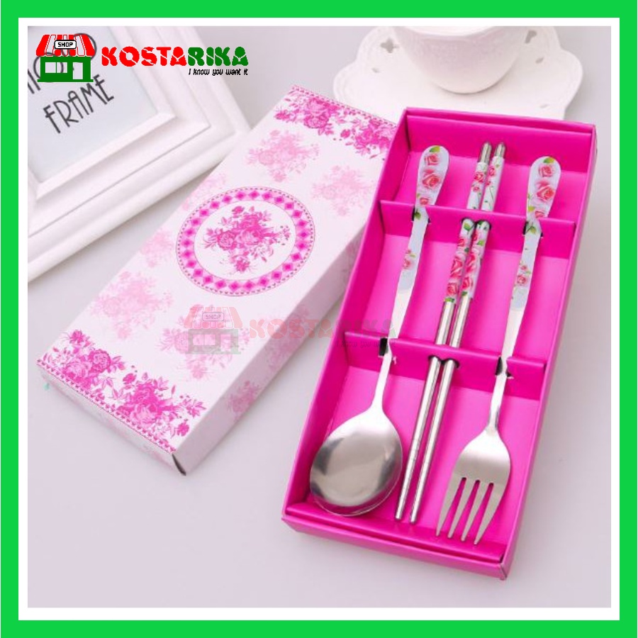 Sendok Garpu Sumpit Set 3 in 1 Stainless Box Pinky Souvenir