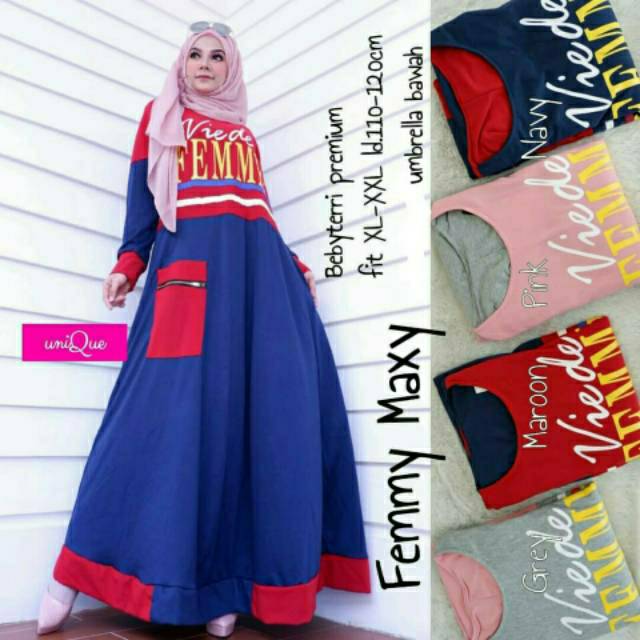 Femmy Maxy, maxi dress, gamis, long dress, dress muslim, motif Femme, kekinian gamis, gamis Jumbo