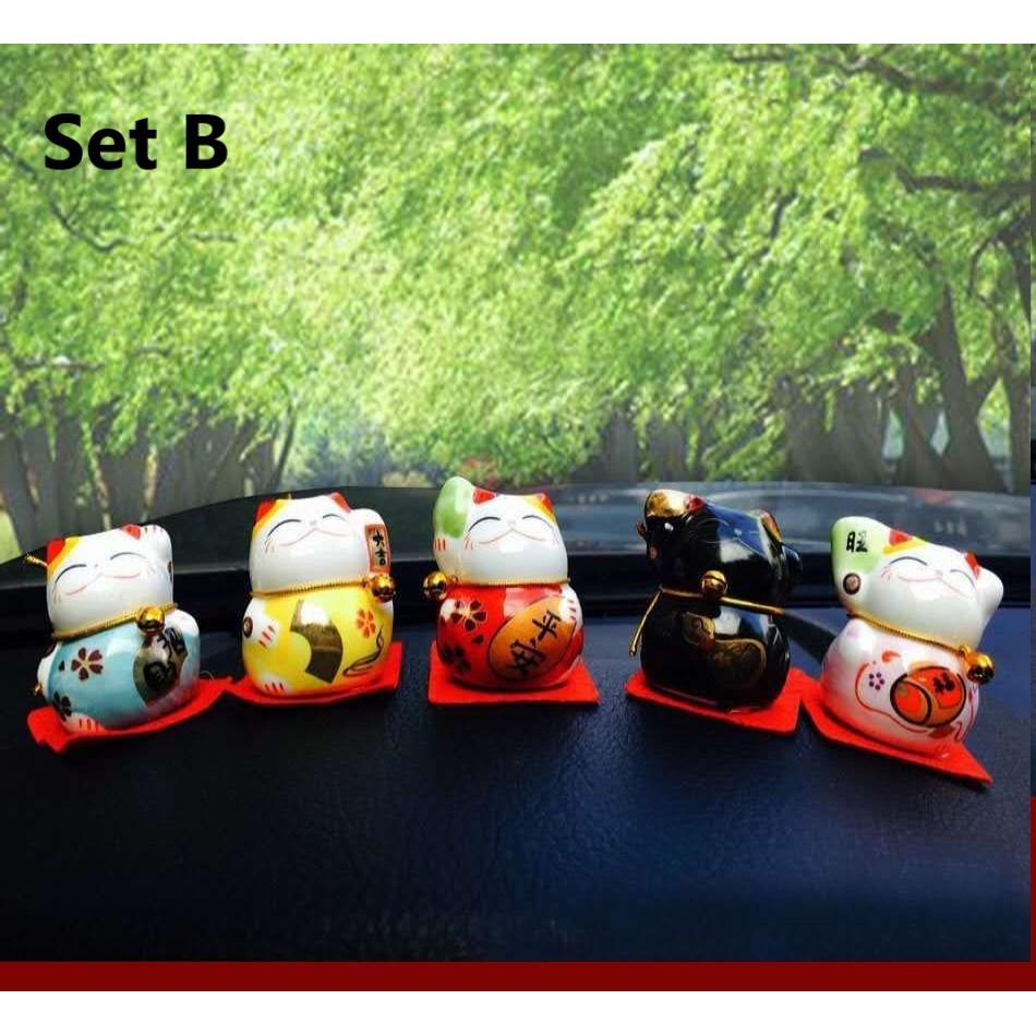 Pajangan Dashboard 5 in 1 Lucky Cat Kucing Hoki Maneki Necko Hiasan Mobil