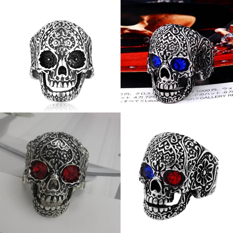 Cincin Desain Tengkorak Gothic Punk Hip Hop Warna Emas Hitam Untuk Pria