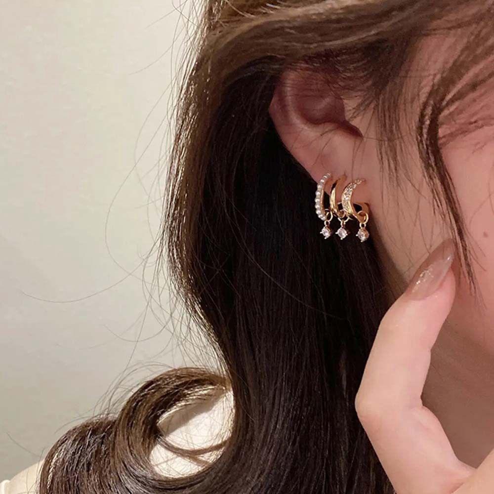 Mxbeauty Anting Tusuk Cakar Unik Simple Vintage Mutiara Silver Gold Arc Geometric Crystal Anting Gaya Korea