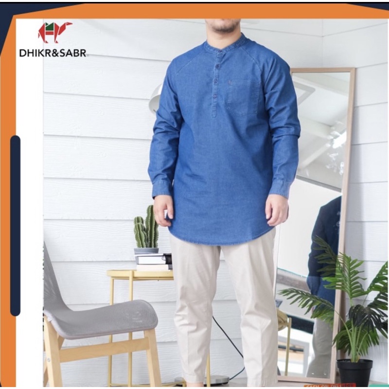Baju kemeja koko Pria Dhikr & Sabr lengan panjang jeans series