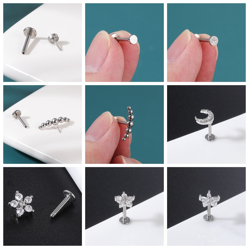 1 Set Anting Stud Kristal Bahan Stainless Steel Untuk Tindik Tulang Rawan