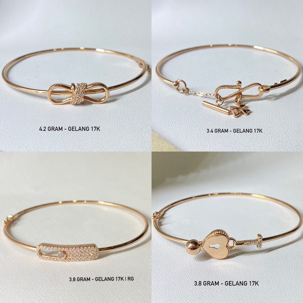 Banyak motif yaa Gelang bulat anak dan dewasa emas asli 750 75 17k rosegold infinity love kaku kawat bola permata panah pita bow ribbon keylock oval tangan aesthetic korea gold 3 4 gram gr g