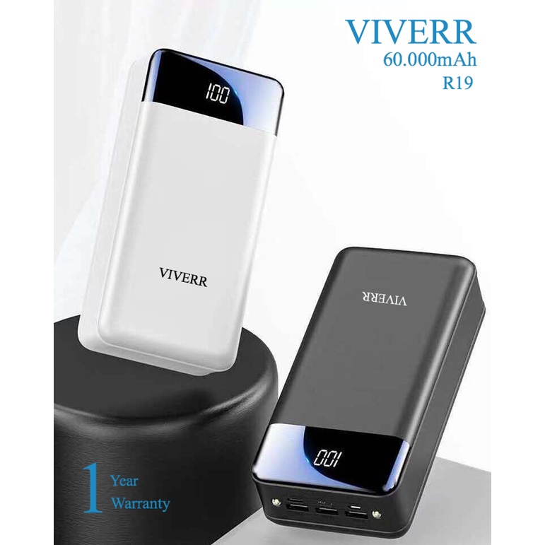 Powerbank VIVERR R19 kapasitas 60.000 mAh Original Cocok buat semua merek HP Gadget Garansi 1 Tahun.