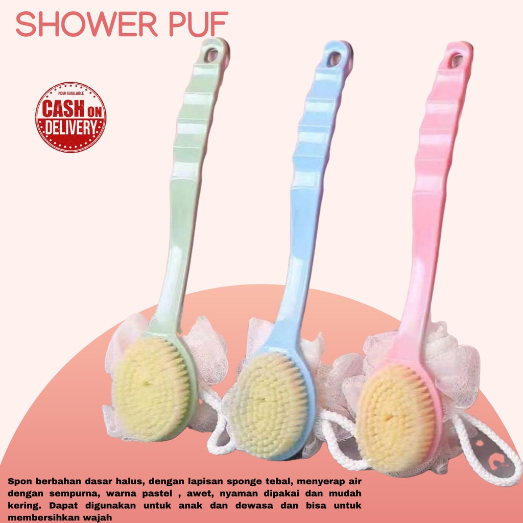 Shower Puff + Sikat Gosok Punggung Gagang Panjang Spons Mandi 2 Sisi /Sikat Gosok Badan Mandi Sikat + Spons Sponge Puff