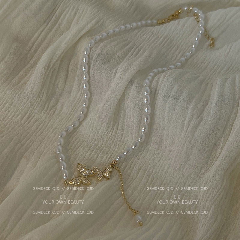 Kalung Choker Rantai Desain Kupu-Kupu Aksen Mutiara Kristal Untuk Wanita