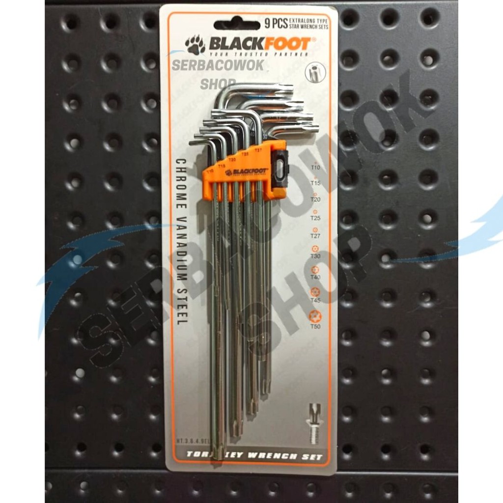 BLACKFOOT Kunci L Set 9 Pcs Bintang Lubang PANJANG Chrome T10 - T50 Extra Long Torx Key Wrench Set Termurah