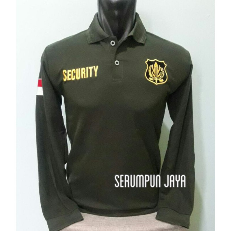 KAOS SECURITY - KAOS KERAH SECURITY HIJAU ARMY PANJANG - KAOS SECURITY LOGO KUNING FULL BORDIR