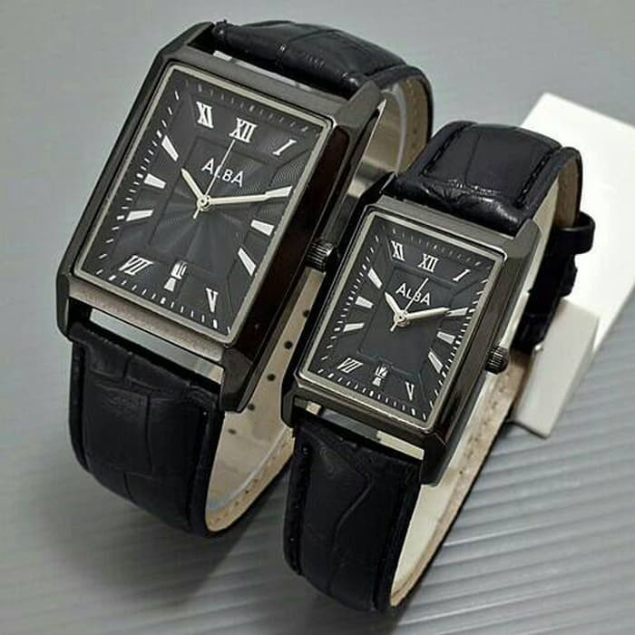 Jam Tangan Couple Alba Square Black Leather Buruan