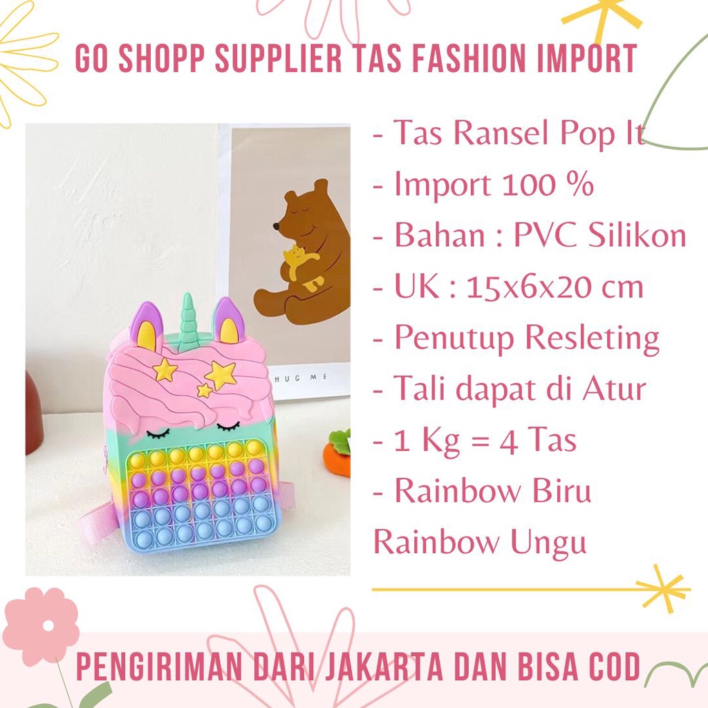 Tas Ransel Pop it Karakter Unicorn - Tas Pop it Unicorn Besar - Tas Pop it Jumbo Terbaru - Tas Backpack Anak Lucu Import [BK19]