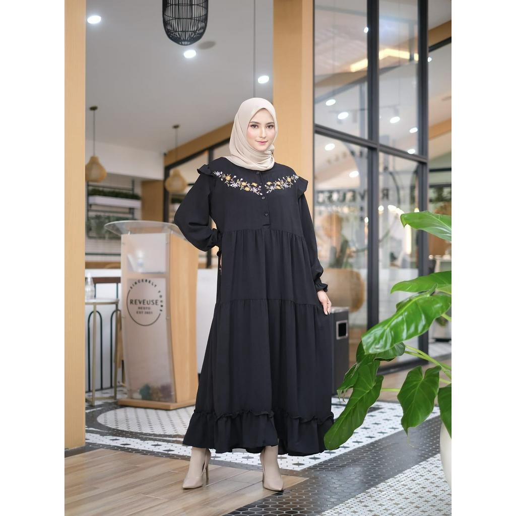 Nabila Dress Bordir - Dress Korean Style - Dress Kondangan - Dress Wanita - Gamis Crinkle Airflow Premium Semi Rempel Kancing Depan