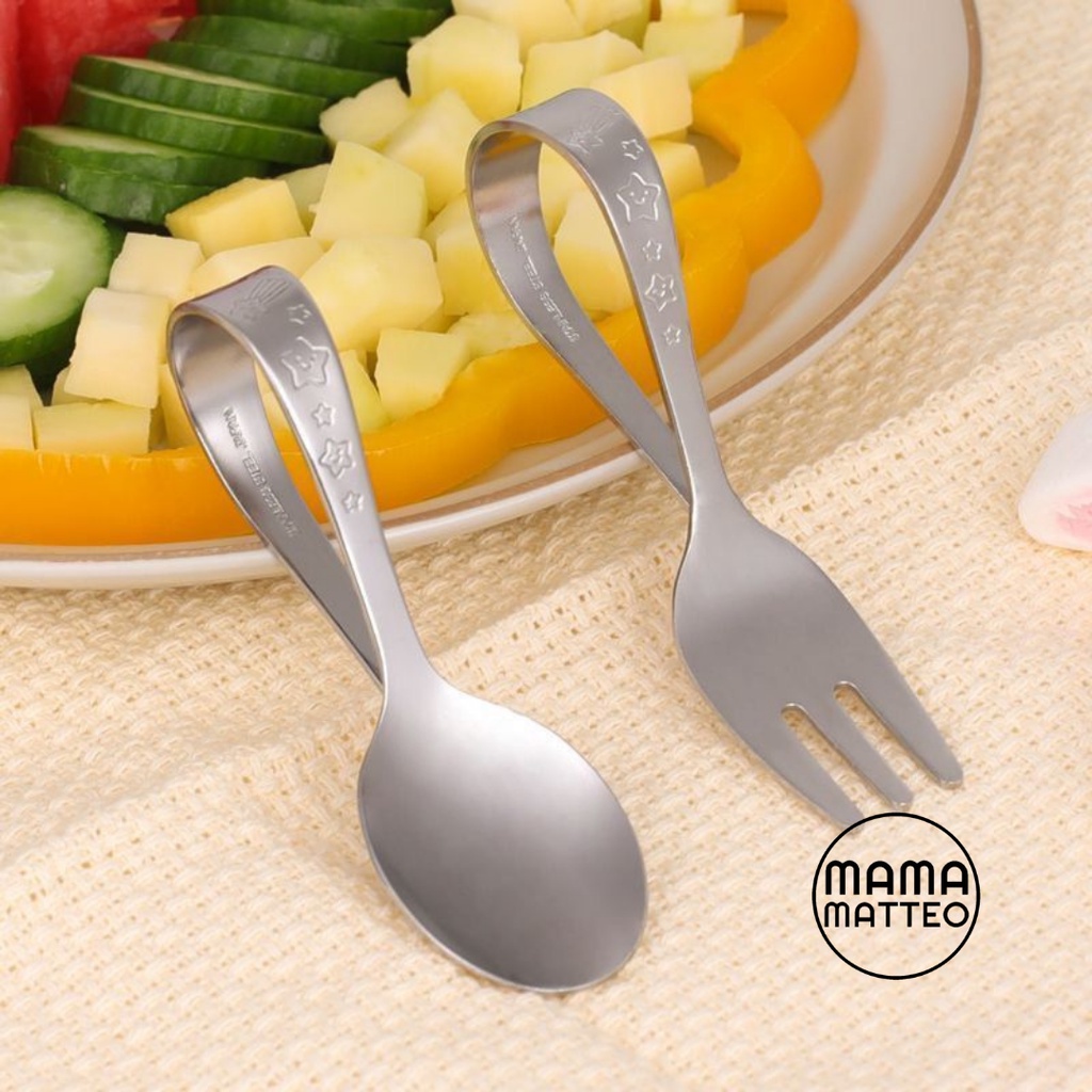 Sendok Garpu Makan Anak Stainless Steel / Sendok Garpu MPASI Traning Anak / Gagang Bulat Spoon Fork Baby Kids Bayi