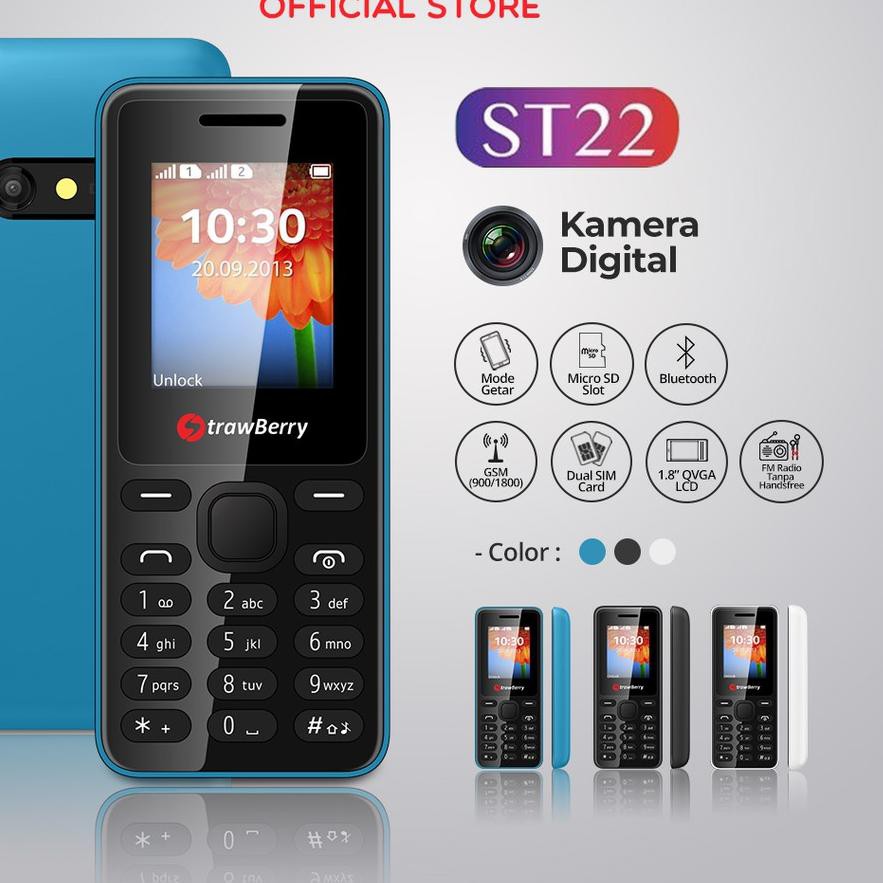 ➧ Strawberry - ST22 / Handphone Candybar / HP Murah Bluetooth / Hitam / Biru / Putih ✫