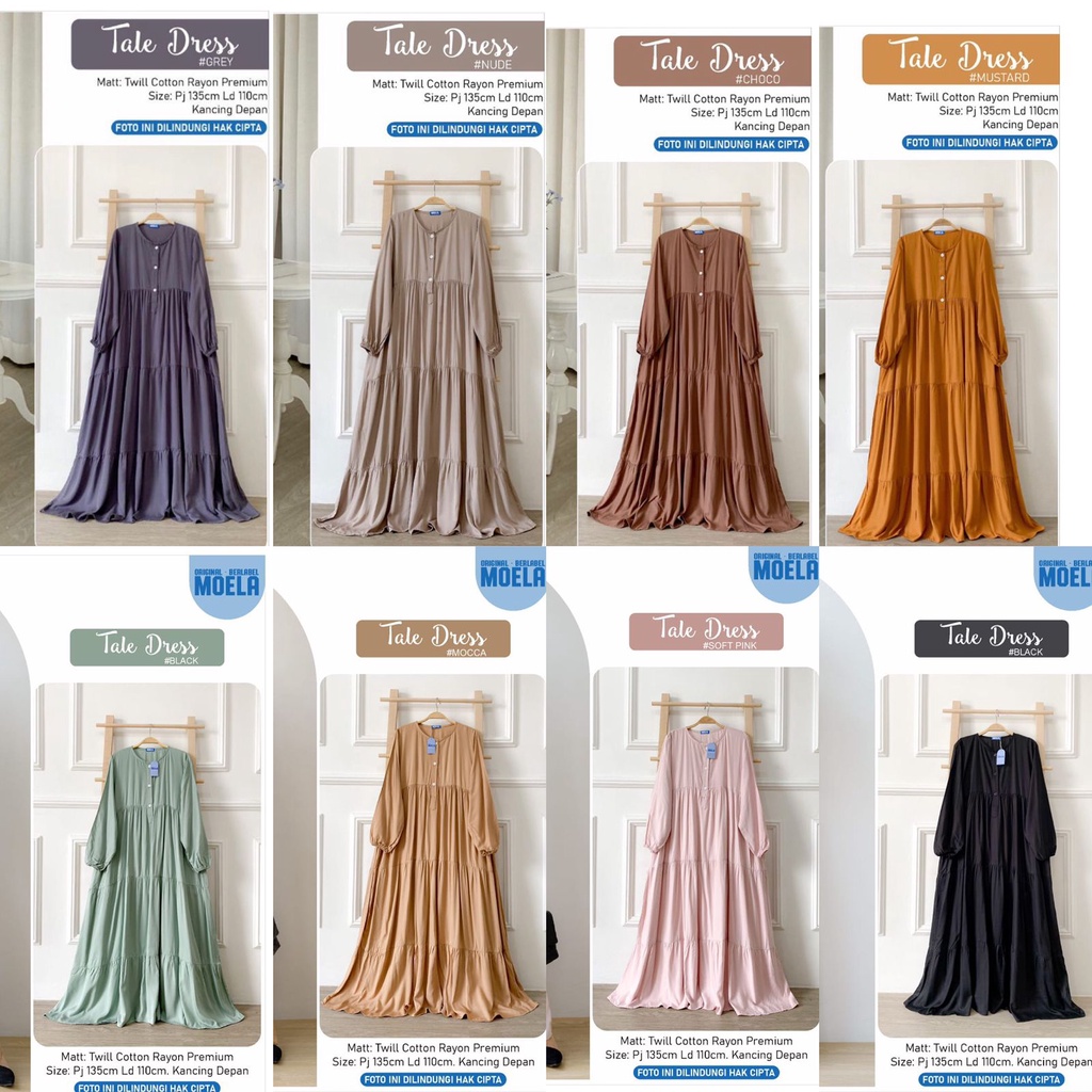 DRESS TALE ORIGINAL MOELA ld 110cm berkancing BUSUI premium cotton rayon twill wanita fashion GAMIS 
