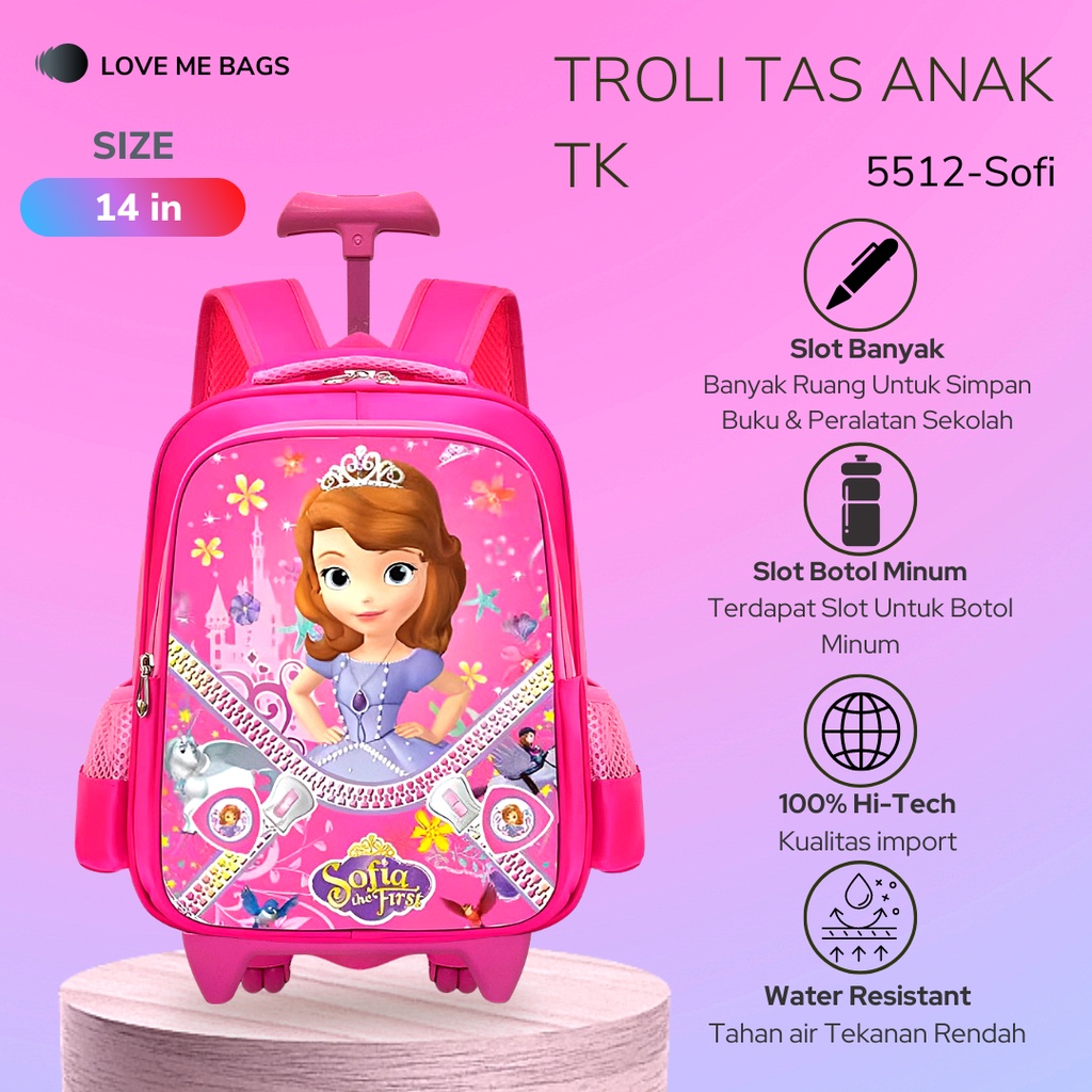 LMB Tas Troli Anak Sekolah Perempuan TK Bahan Nilon Premium Karakter Lucu Bagian Depan Timbul 6D