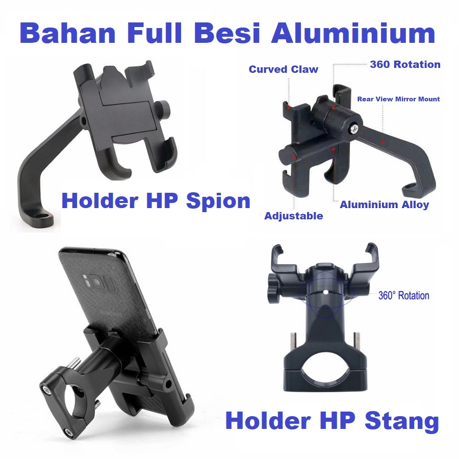 Holder HP Hand Phone Sepeda Motor Stand Handphone Senderan Dudukan Hape Alat Penyangga Spion Stang Besi Aluminium