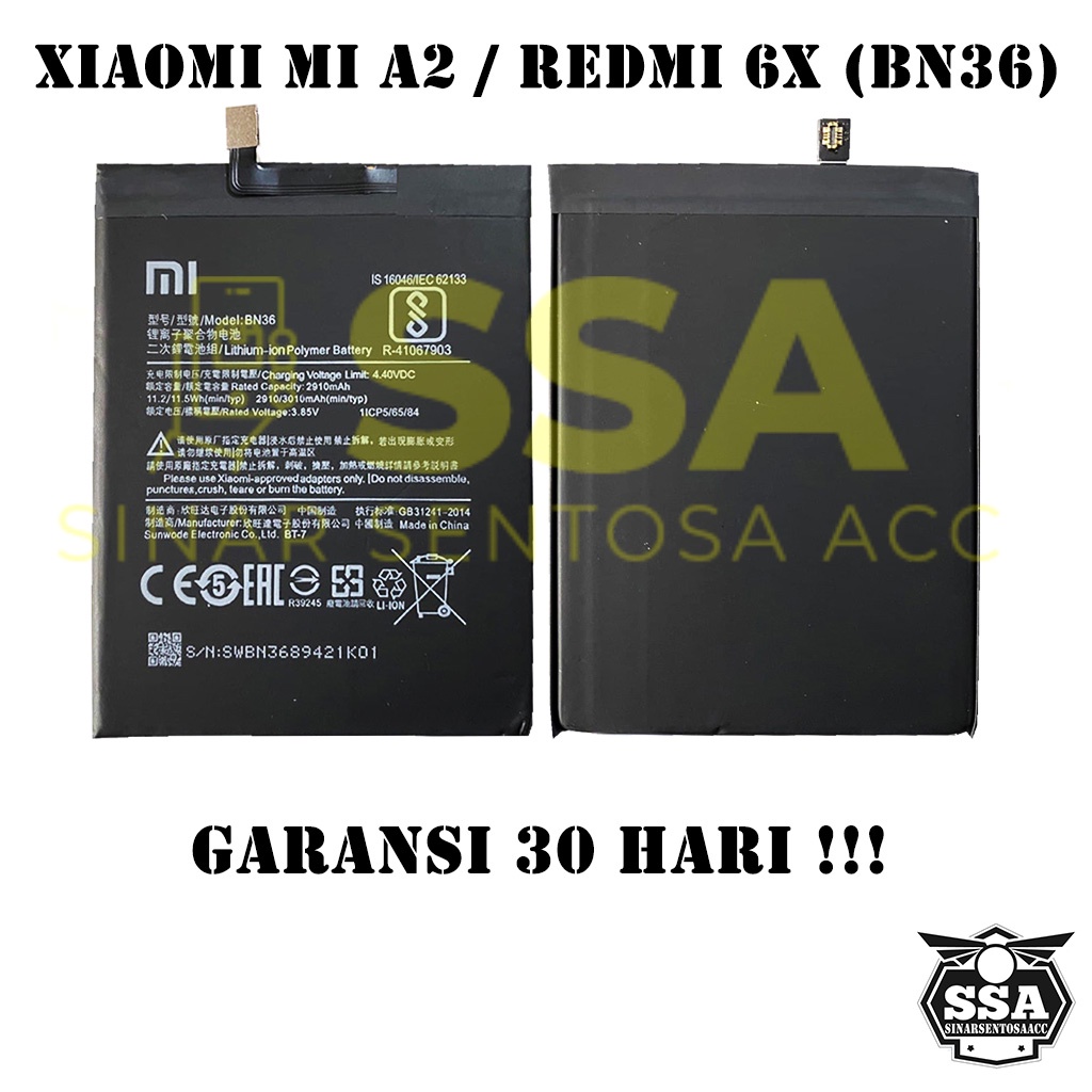 Baterai Xiaomi Redmi 6x Mi A2 BN36 Redmi6x Xiaomi6x MiA2 XiamiA2 BN36 Redmi BN 36 Original OEM Batu Batere Batre Battery Batrai Batrei ori hp Xiao Mi Garansi