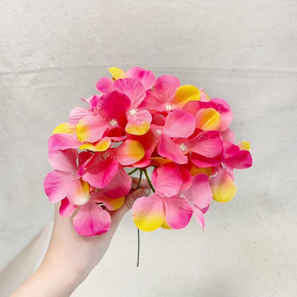 Bunga Hortensia X1 (satuan)●35cm●Bunga Artificial / Bunga Plastik / Bunga Dekorasi / Pernikahan-fushia kuning