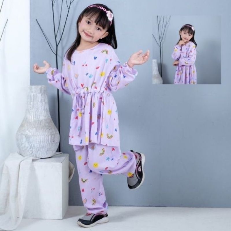 Setelan pajamas motif Setelan baju anak perempuan setelan rayon  one set anak setcel rayon anak part 3