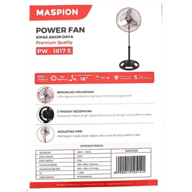 MASPION PW 1817 S POWER STAND FAN 18 IN BEROSILASI MELINGKAR / KIPAS ANGIN BERDIRI / PW1817S