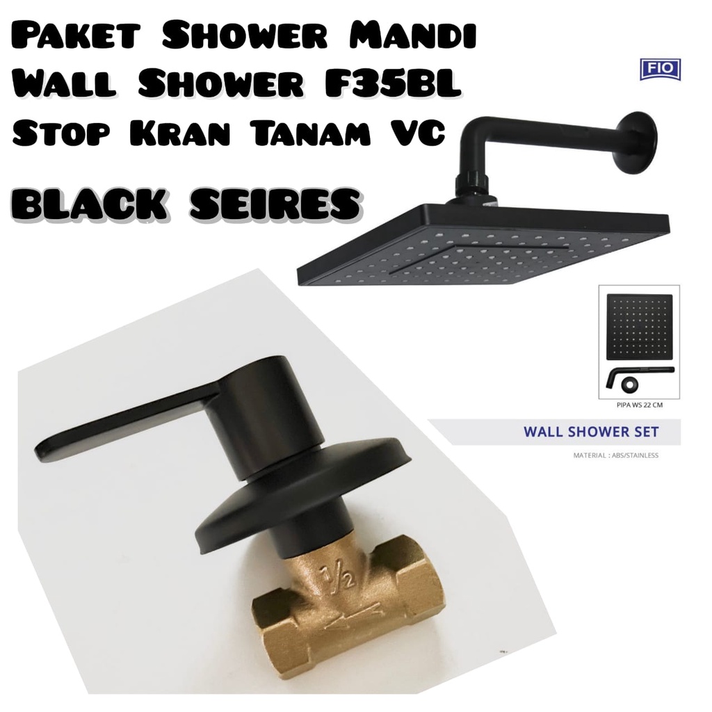 Paket Lebih Hemat Shower Mandi Tanam Tembok Hitam-Wall Shower Kotak Fio F35BL + Stop Keran air Tanam VC BLack