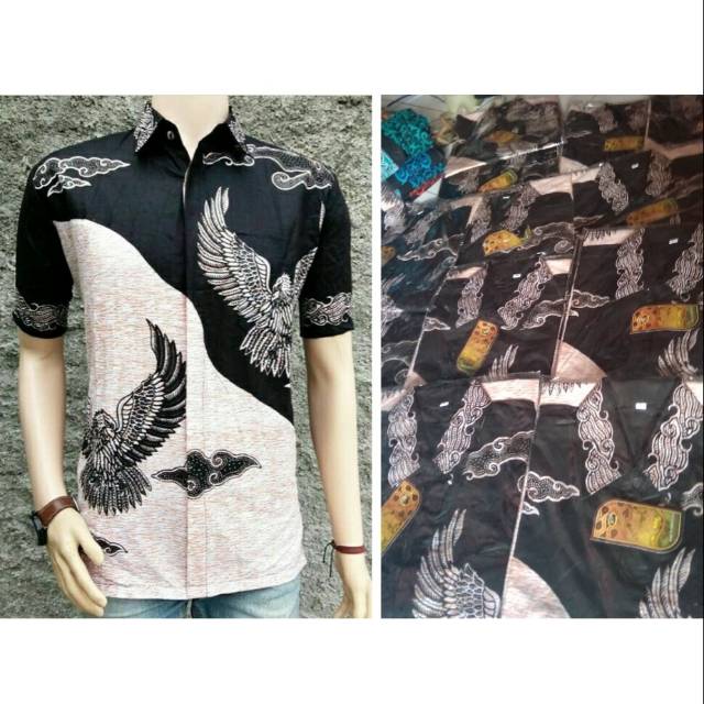 Mapa Kemeja lengan pendek pria motif burung hitam putih