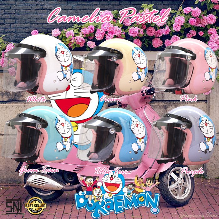 HELM BOGO CAMELIA PASTEL DORAEMON DEWASA KACA DATAR BENING
