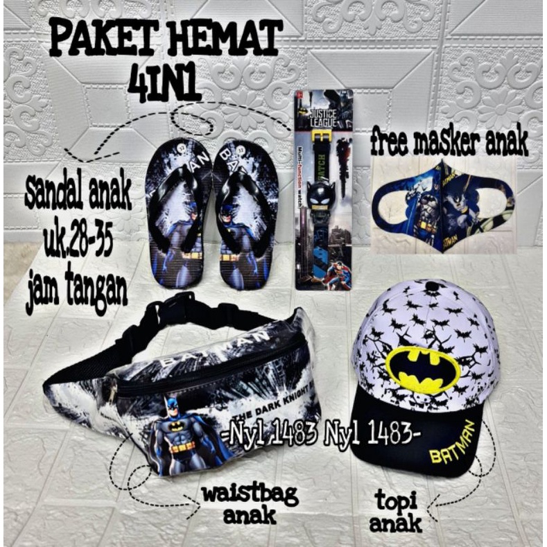 Paket Hemat 4in1 tas Waistbag anak laki-laki karakter superhero / free topi/ jam/ sandal
