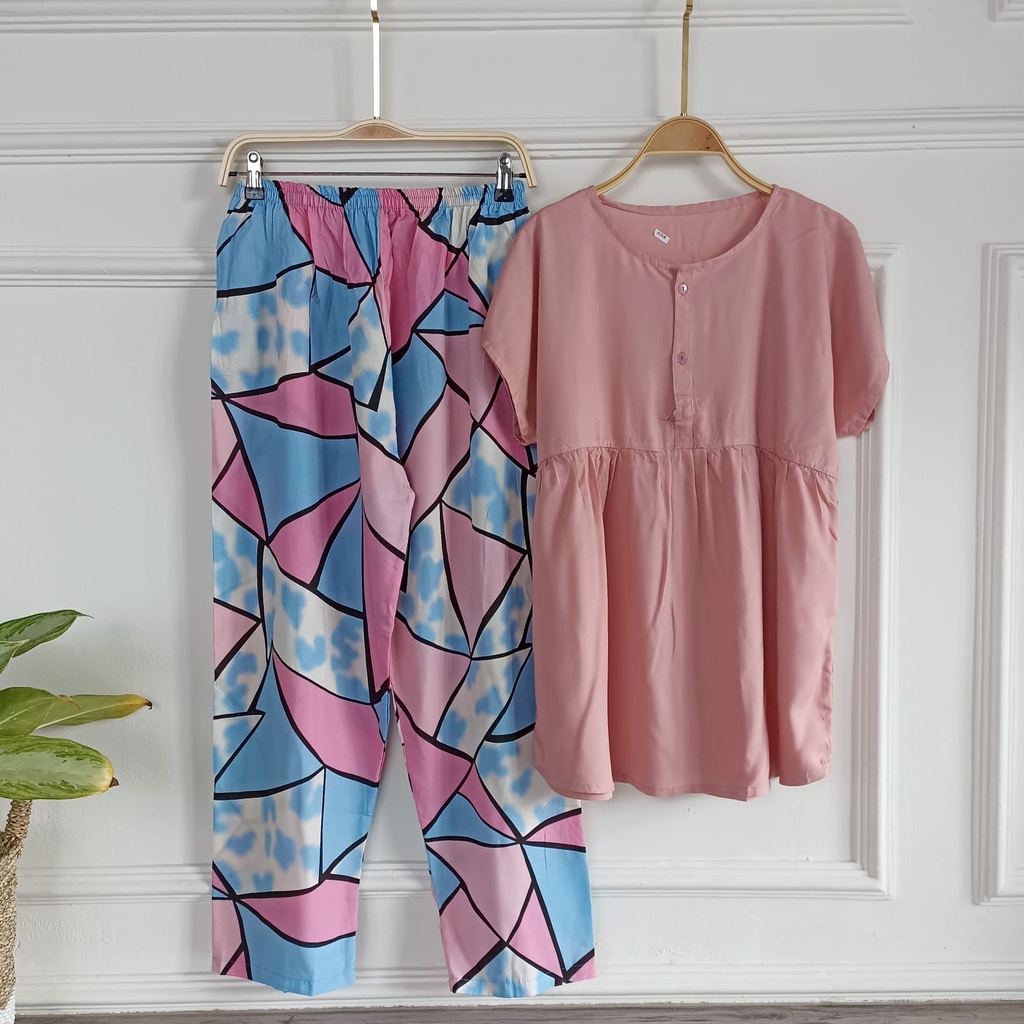 SETELAN BAJU TIDUR PIYAMA WANITA ONE SET PAJAMAS RUFFLE KANCING BUSUI CELANA PANJANG-BBR 2