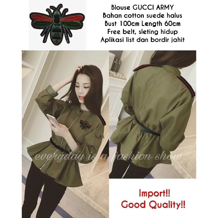 Baju Atasan Wanita Blouse Gucci Army