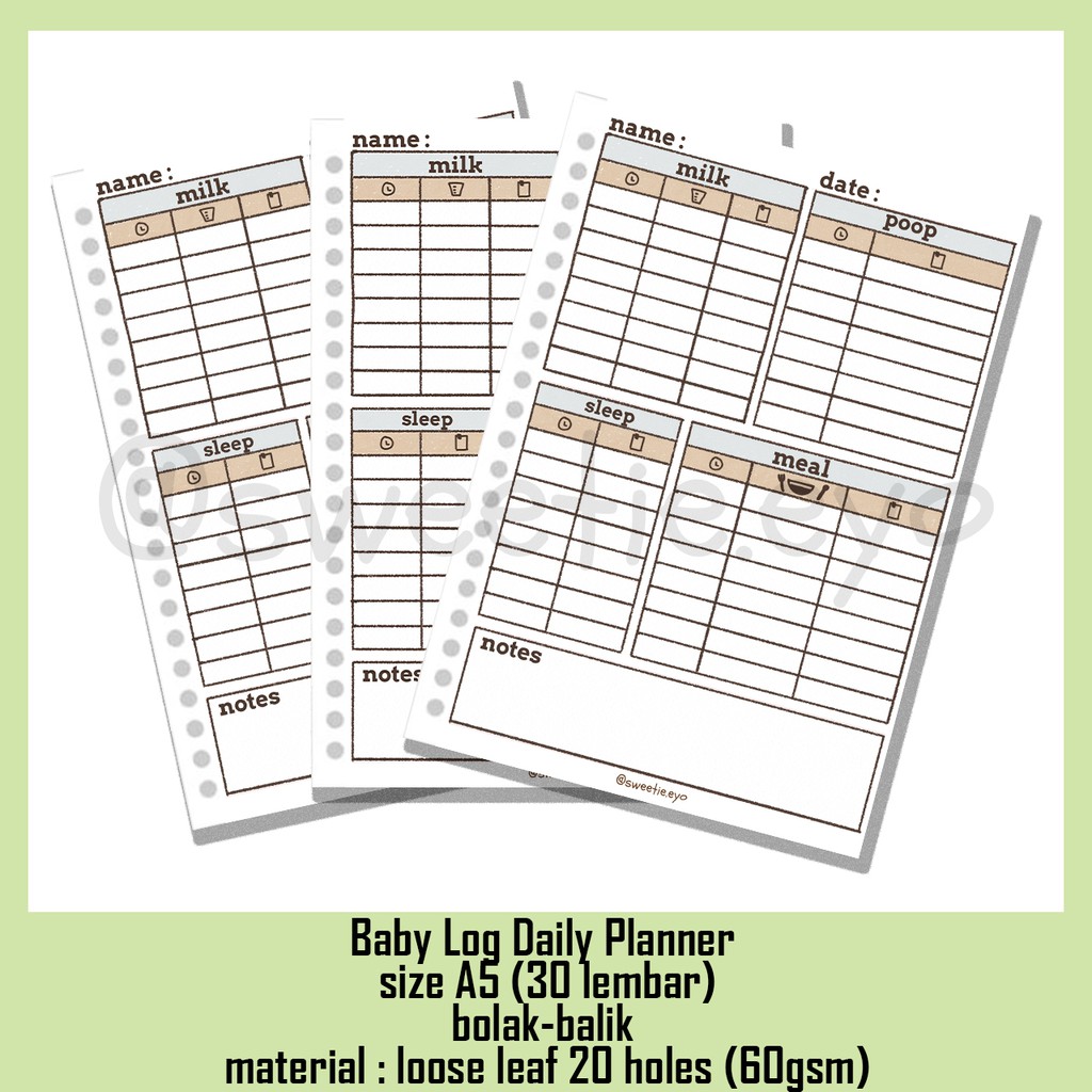 

Daily Planner / Baby Log planner loose leaf A5 (Isi 30 sheets - bolak-balik)