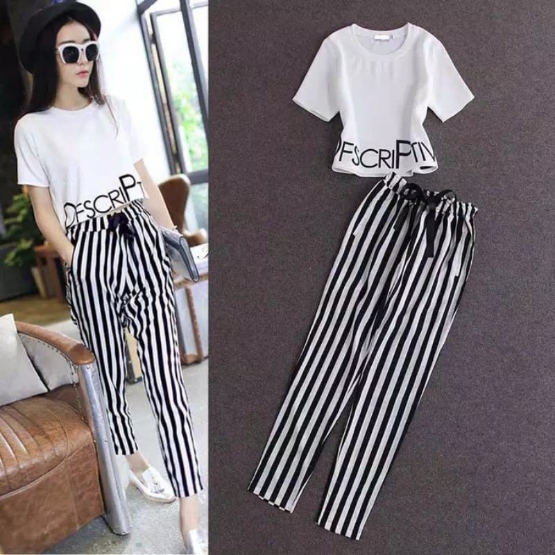 DHS Set 2pcs SeteIan Jennie Blackpink Import Setelan Celana Capri Stripe Pant Casual Gaya Kpop