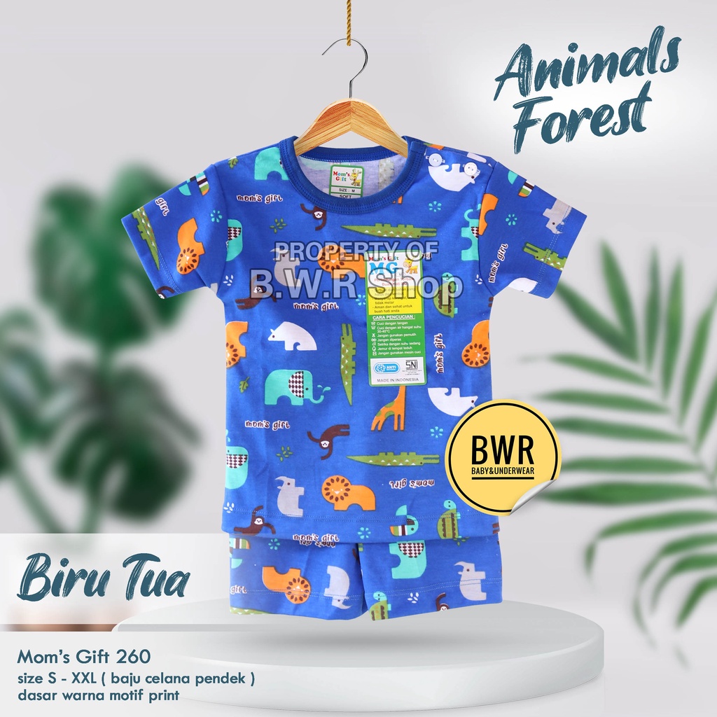 Setelan Moms Gift PENDEK Animals Forest and Elephant / Piyama Anak Unisex Kancing Pundak Mom's Gift Motif | Bwr