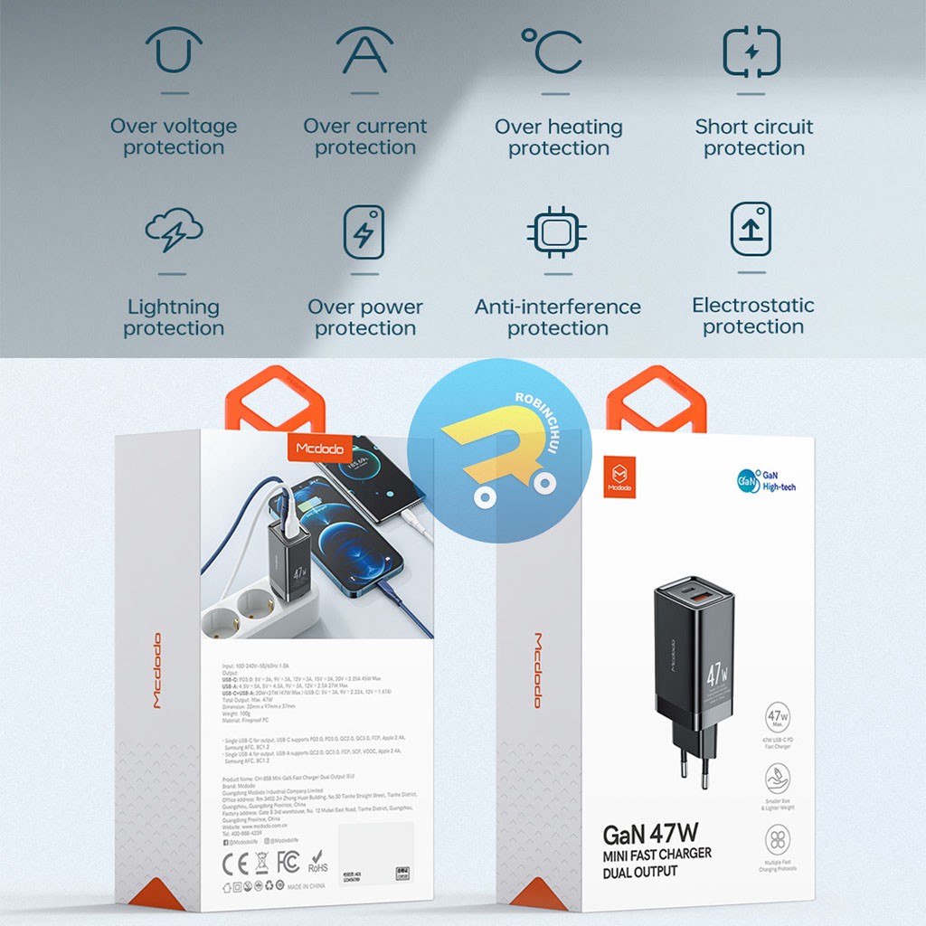 MCDODO Adaptor GAN 47 Watt Charger Dual Slot Fast Charging VOOC-QC3.0-QC4.0-Aplle-AFC-FCP-SCP