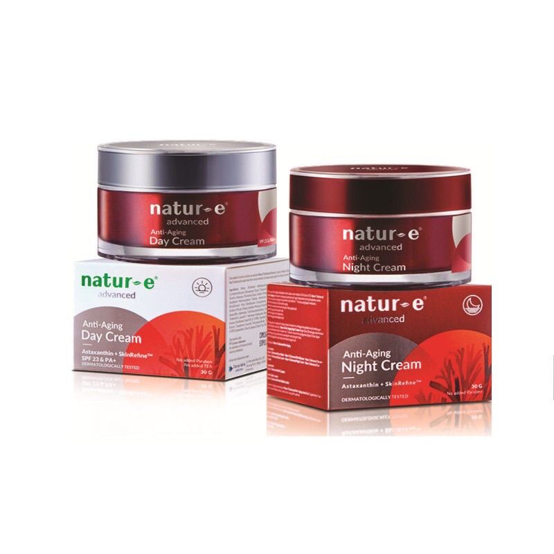 natur-E advanced anti aging cream siang dan cream malam untuk mengurangi flek hitam dan kerutan ukur