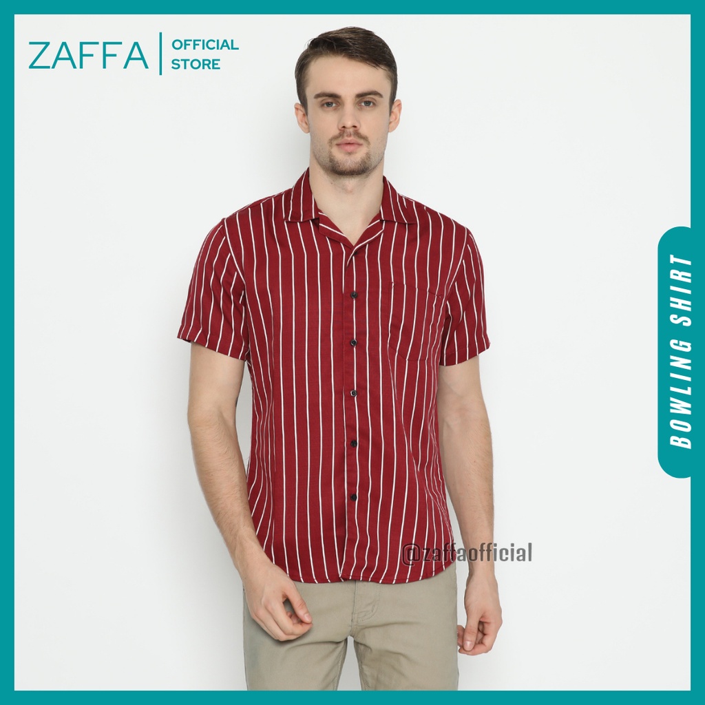 Zaffa Kemeja Salur Pria Lengan Pendek  Kerah Pantai Katun Motif Stripe Garis Maroon Unisex Z-1003