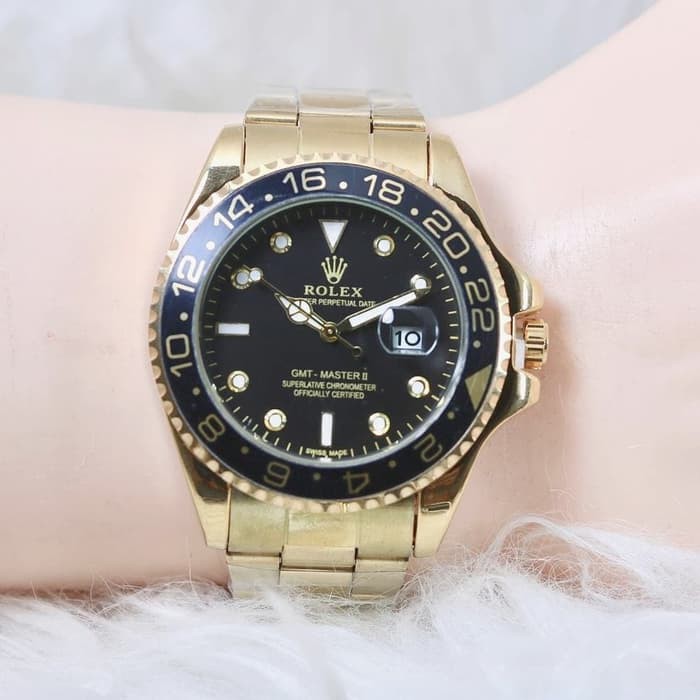 Jam Tangan Rolex Pria Ring Putar Tanggal Aktif - Gold plat Hitam