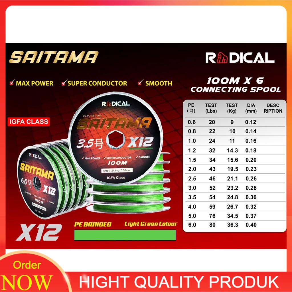 [PROMO SPECIAL] Alat Tali Pancing Senar Pancing Laut Kuat PE Braid RADICAL Saitama 100m X12 Connecti
