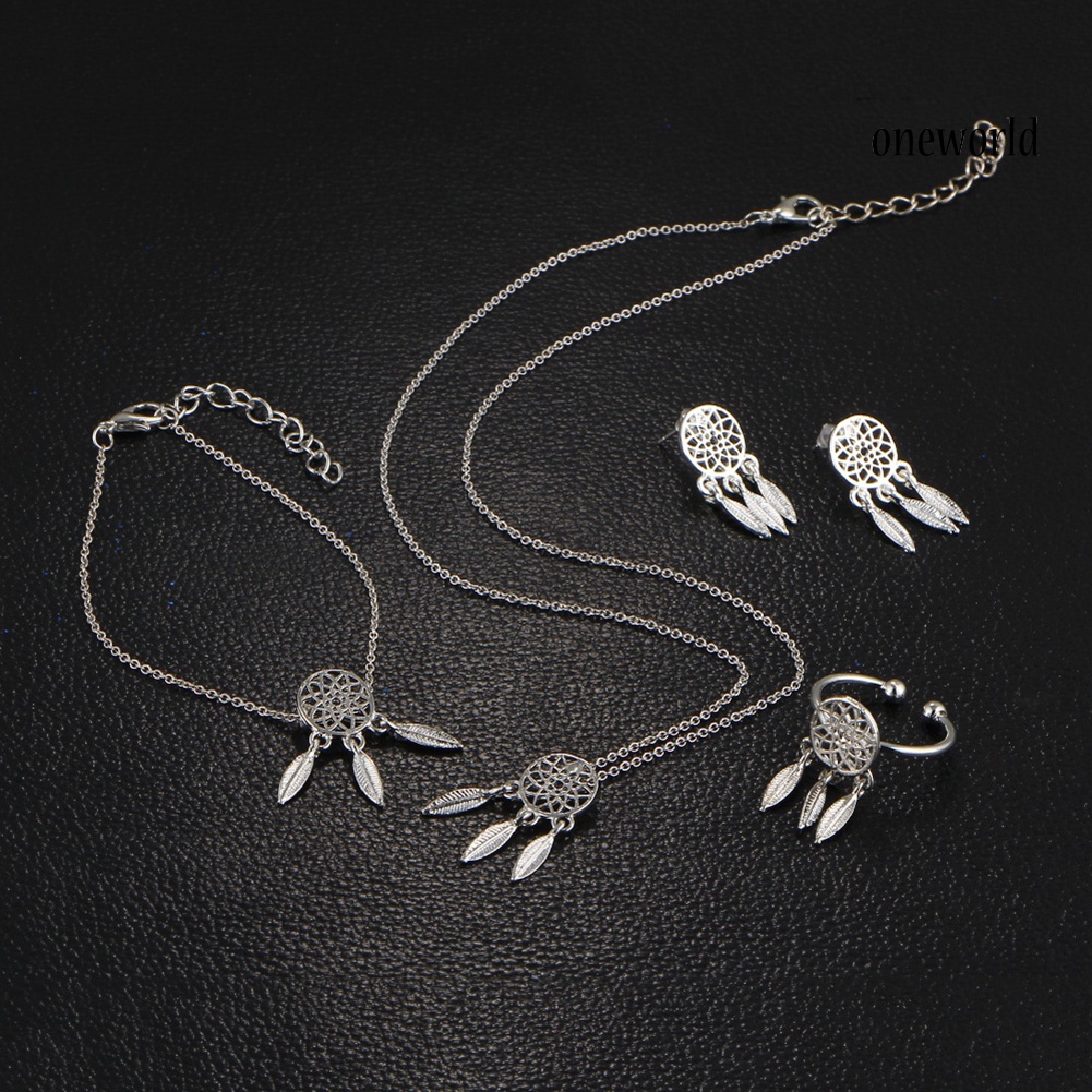 OW@ Hollow Dream Catcher Tassel Necklace Earrings Ring Bracelet Women Jewelry Set