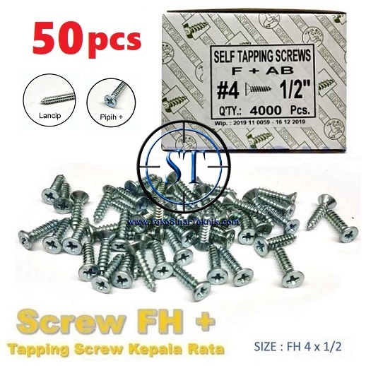 Sekrup Box plastik FH 4x1/2&quot; - Skrup FH Tapping Screw 4x1/2 Tutup Ulir Kepala Rata isi 50 pcs Untuk Box X2 X3 X4 X5 X6 X7