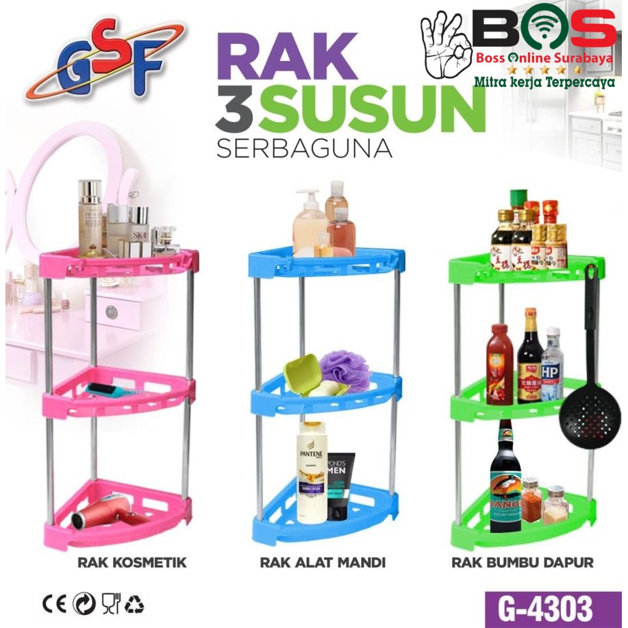 Rak Sudut Plastik Susun 3 Tingkat Kosmetik Bumbu Kamar Mandi GSF 4303 GSF-4303