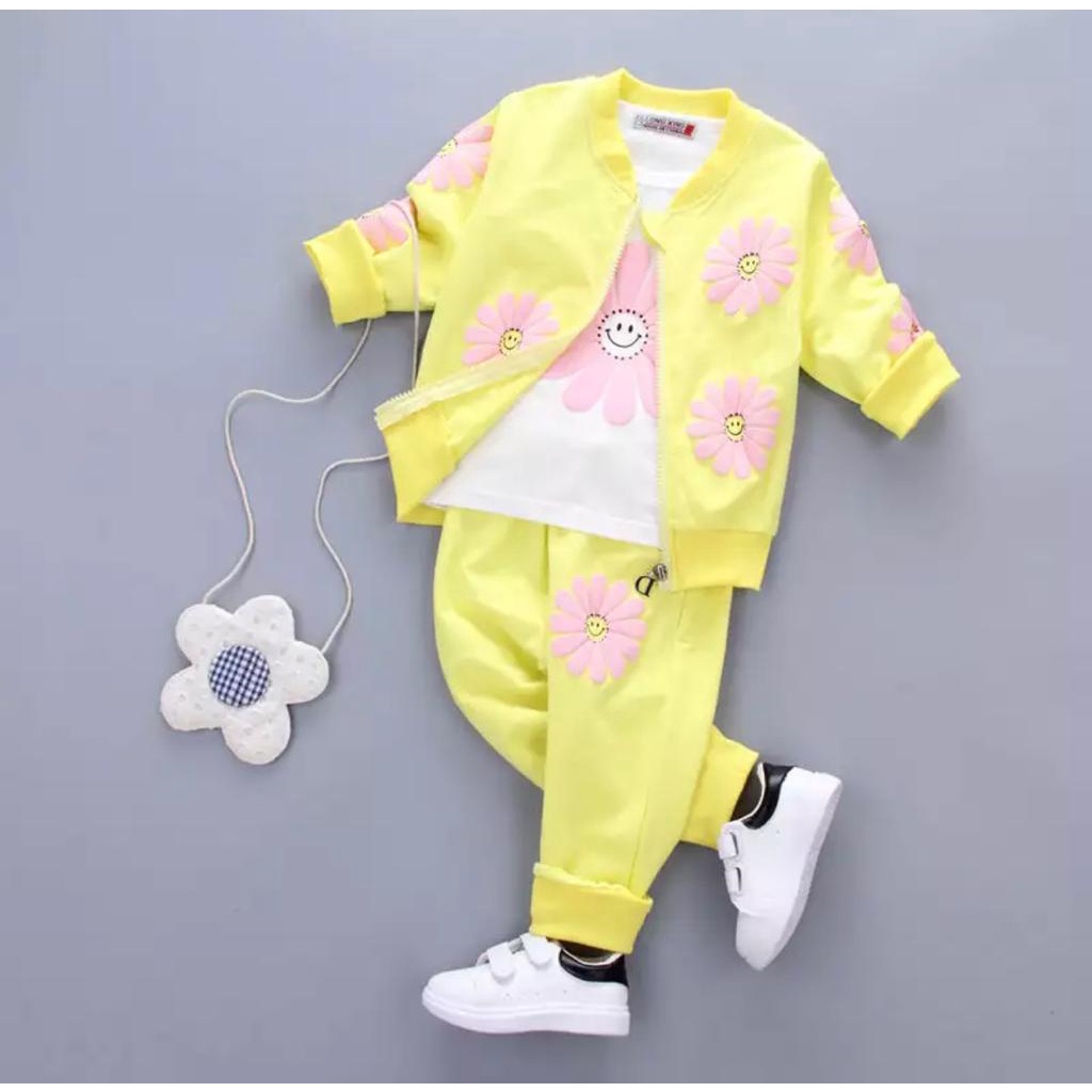 SETELAN 3 IN 1 SUN FLOWER SETELAN ANAK ANAK PEREMPUAN BAJU ANAK PEREMPUAN JAKET ANAK PEREMPUAN