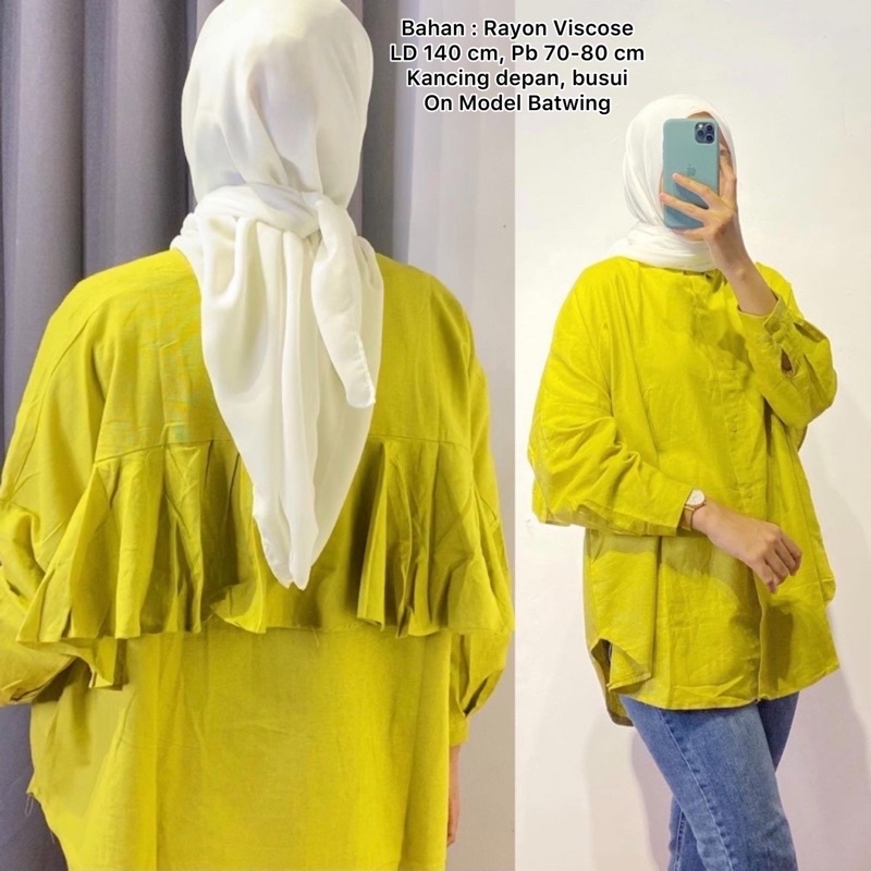 MONOCHROME OVERSIZE BLOUSE MOTIF - ATASAN RAYON FULL KANCING JUMBO / ATASAN RAYON KOMBINASI-RUFFLE BACK LIME