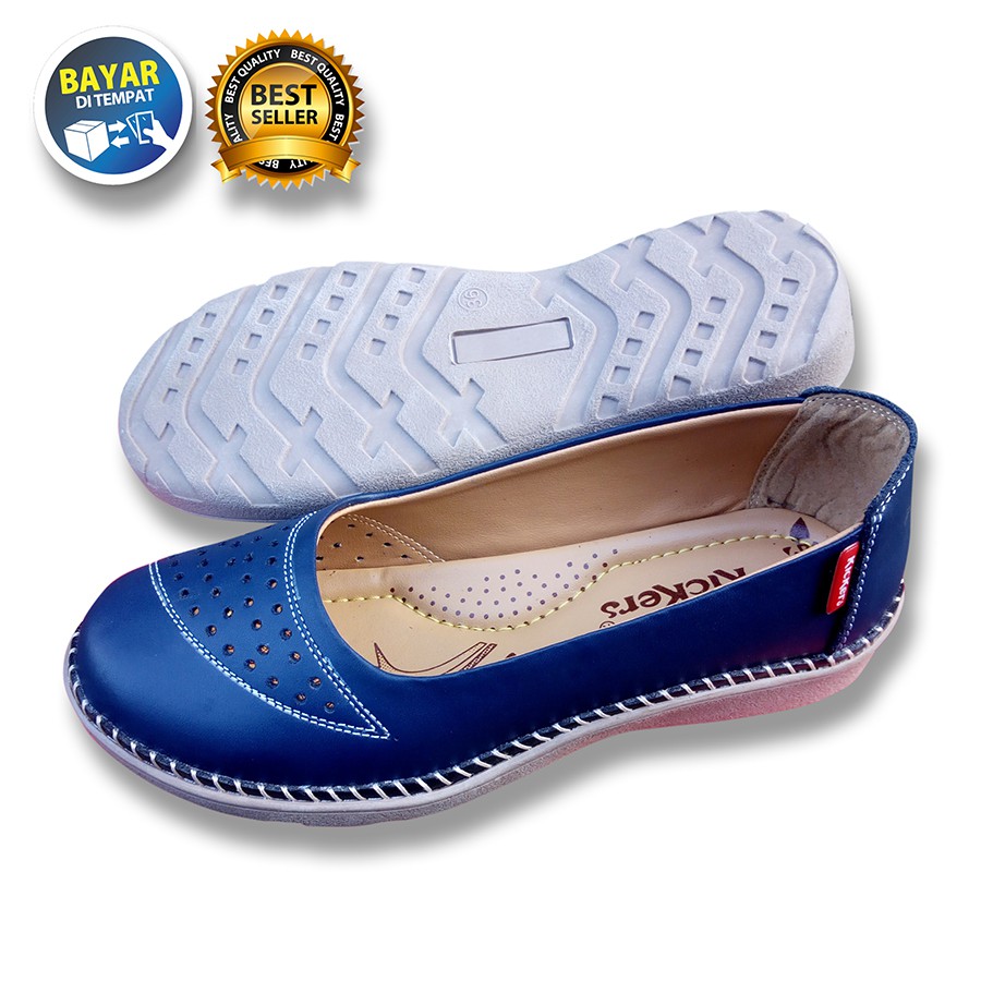 PROMO 4.4 MEGA SALE !! SEPATU WANITA DEWASA BALET KULIT SAPI ASLI NAVY ANTI LICIN / SAKIPO