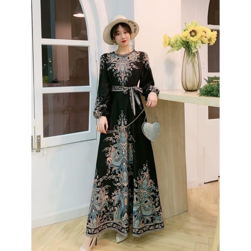 Gamis Bangkok ori mayung motif corak mewah lengan balon bahan katun sutra impor merk fashion