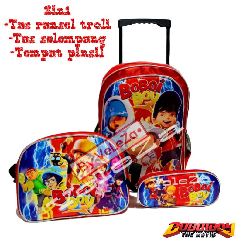 TAS RANSEL TROLI ANAK KARAKTER BOBOIBOY 3in1 - TAS + SELEMPANG + TEMPAT PINSIL - TAS TROLI