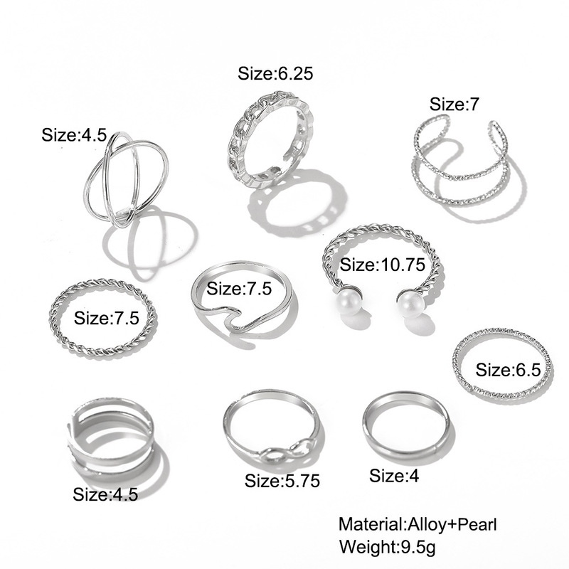 10pcs / Set Cincin Model Terbuka Desain Ombak Hias Mutiara Gaya Eropa / Amerika / Simple Untuk Wanita