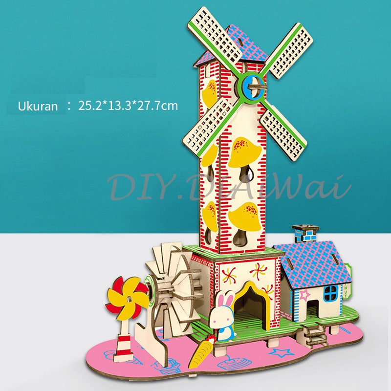 Puzzle 3D DIY bahan kayu model WIND &amp;WATER / kincir angin mainan puzzle edukasi anak (kado&amp;pajangan)