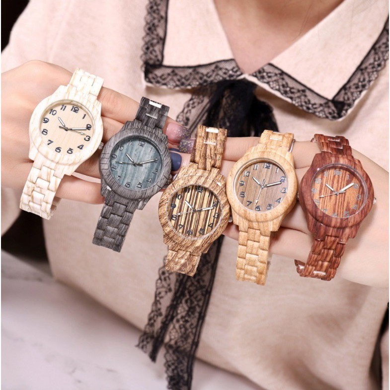 Jam Tangan KAYU Fashion Wanita Gaya Korea Casual Model Bulat Strap Quartz Analog Women Watches